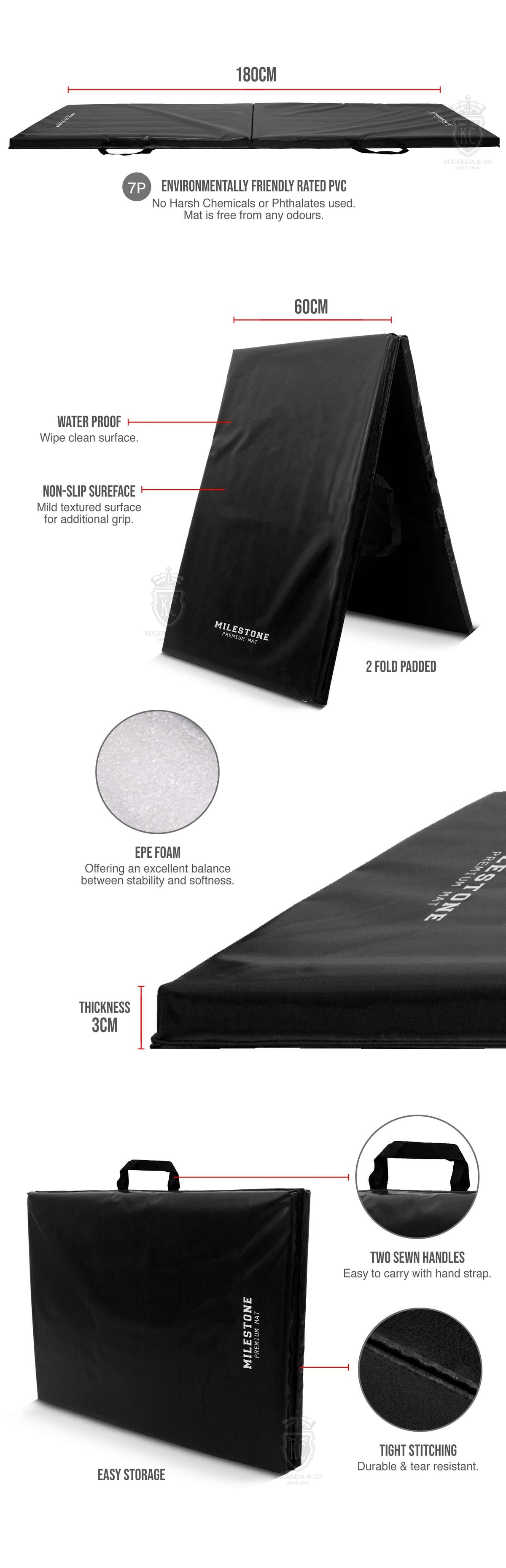 Trident Milestone Double Folding Gym Mat - 180 x 60 x 3cm (Black)